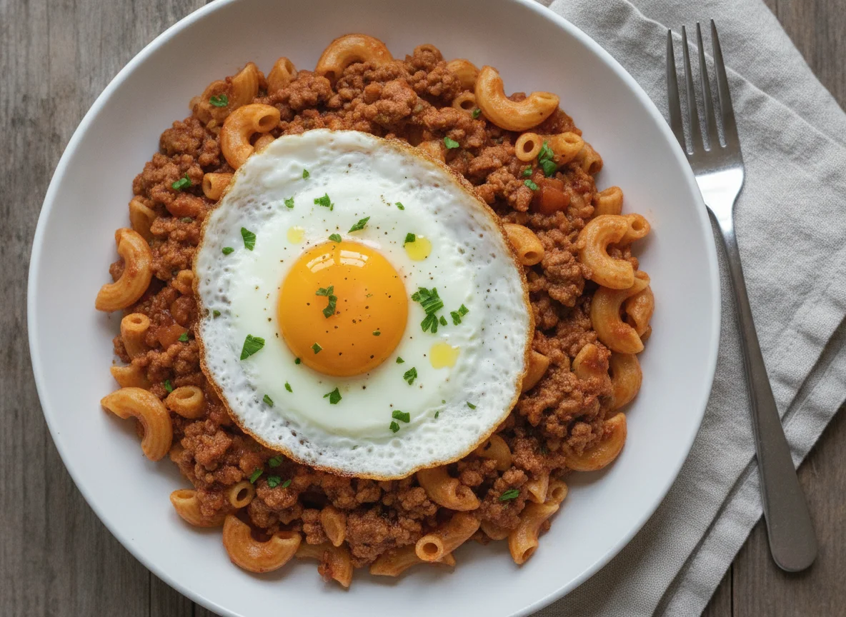 Macaroni with minced meat and egg photo
