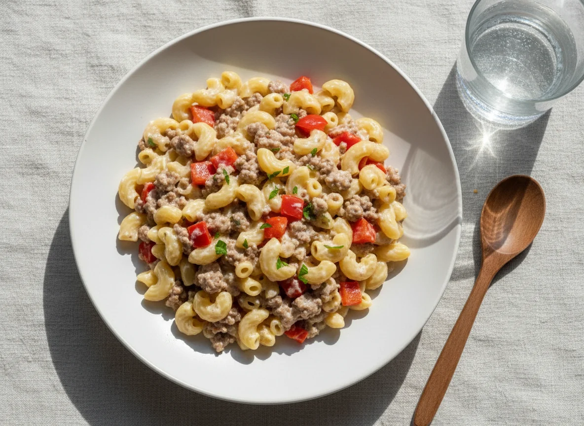 Macaroni with minced meat and red bell pepper photo