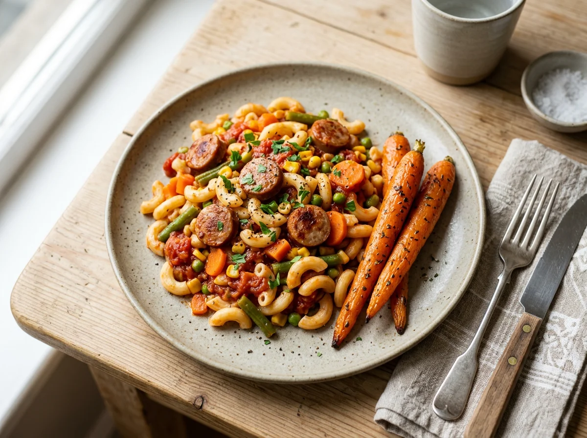Macaroni with mixed vegetables and sausages, served with whole carrots photo