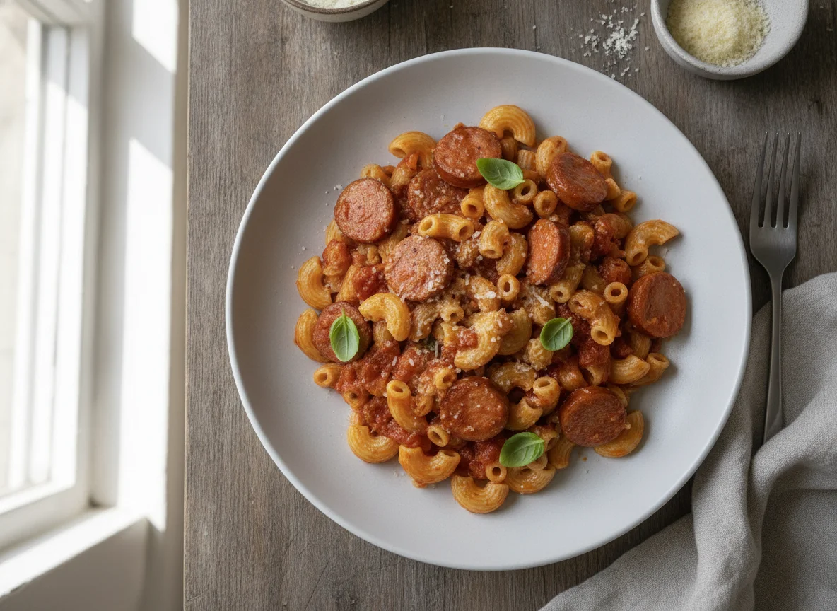 Macaroni with sausage and tomato sauce photo