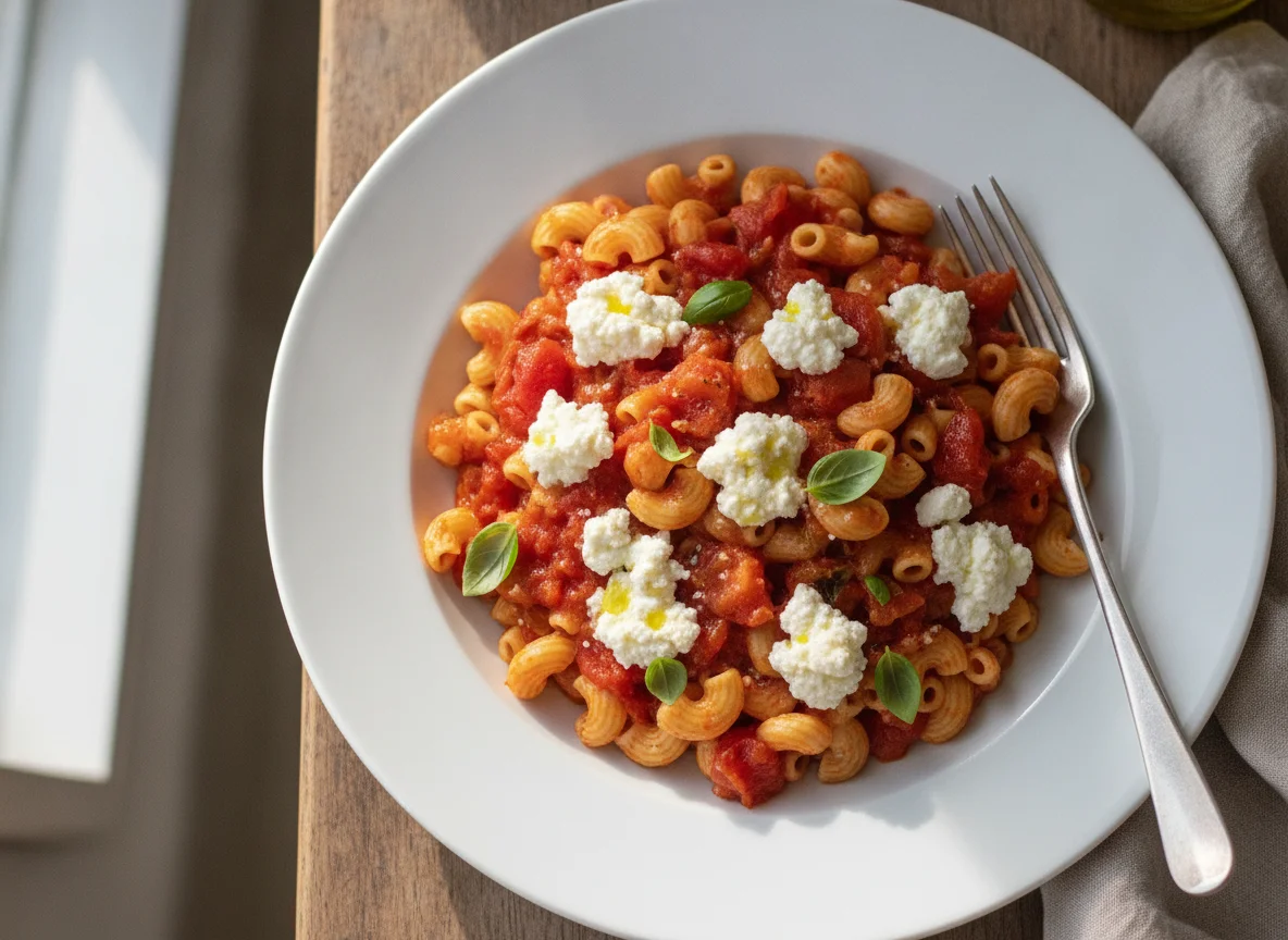 Macaroni with Tomato Sauce and Cottage Cheese photo