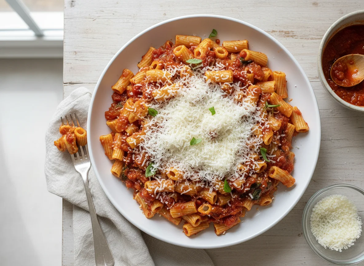 Macaroni with Tomato Sauce and Grated Cheese photo