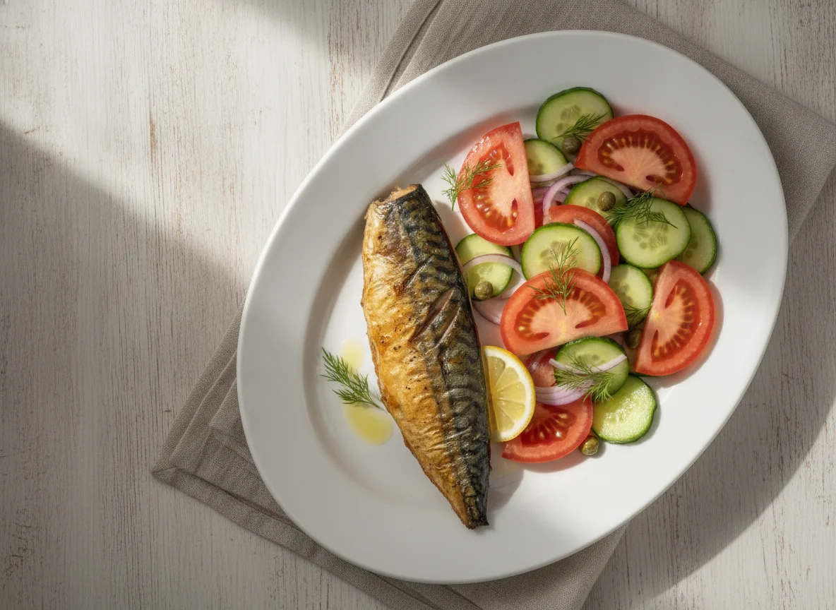 Mackerel fillet with tomato and cucumber salad photo