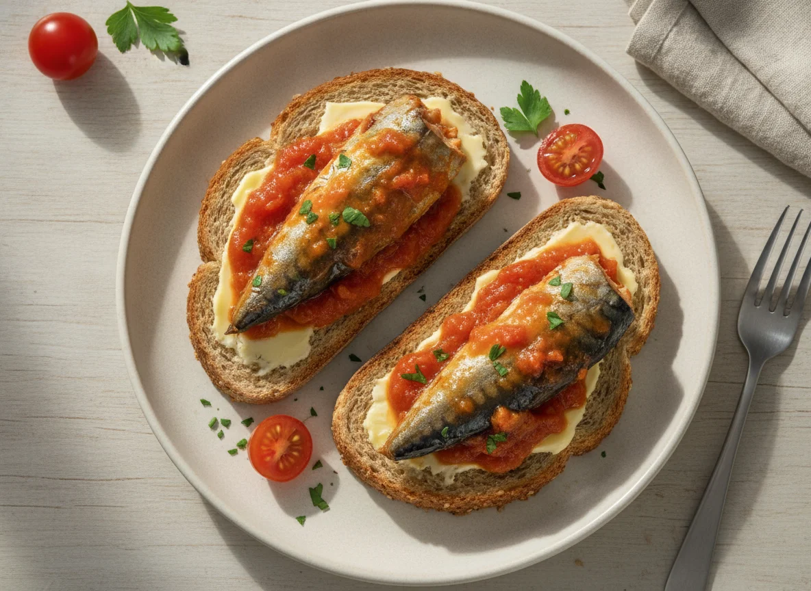 Mackerel in tomato sauce on wholemeal toast photo