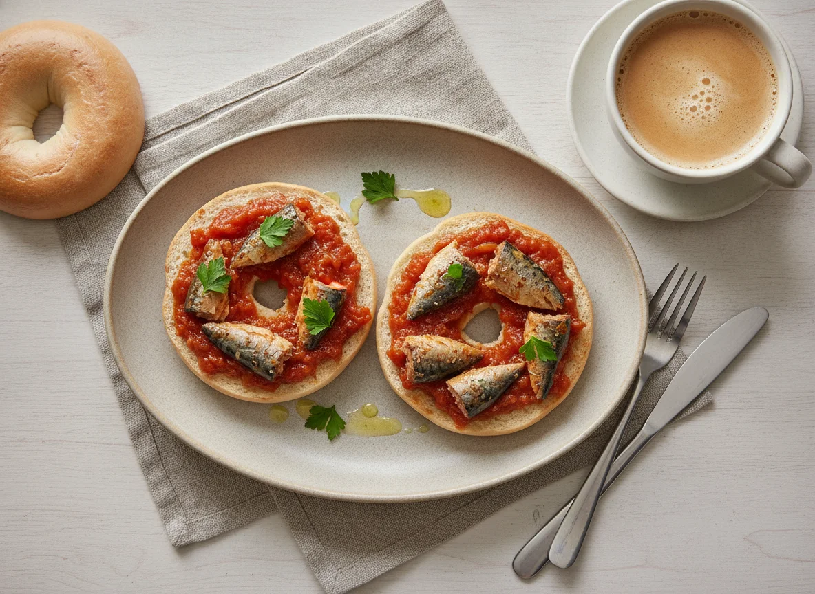 Mackerel in tomato sauce with bagels and coffee photo