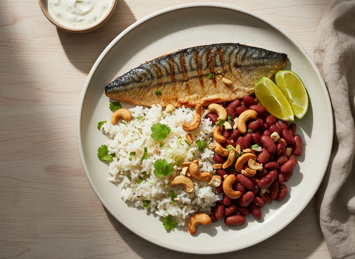 Mackerel with Lime and Coriander Rice, Beans, and Cashews photo