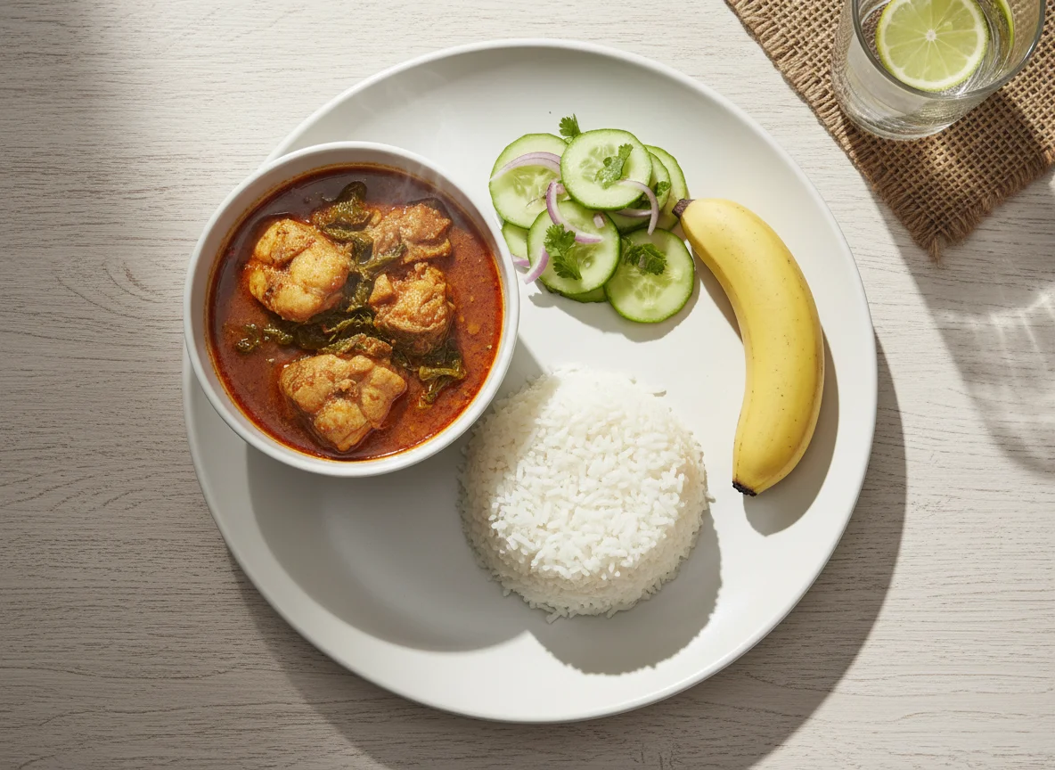 Malagasy Meal with Rice, Fish Stew, Banana, and Cucumber Salad photo