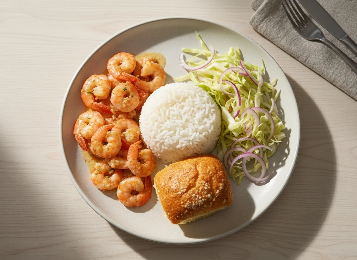 Malagasy Rice Meal with Shrimp, Salad, and Cake photo