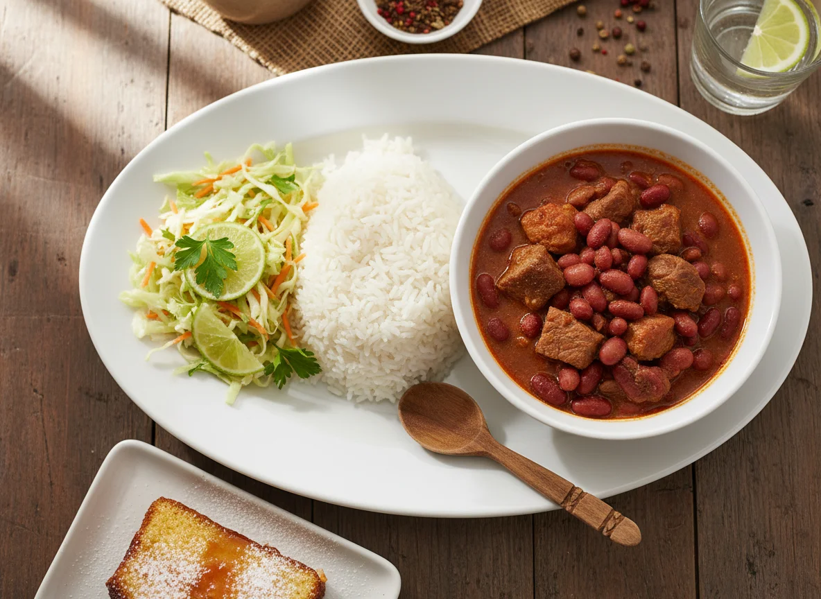 Malagasy Style Meal with Rice, Beans, Cabbage Salad, and Cake photo