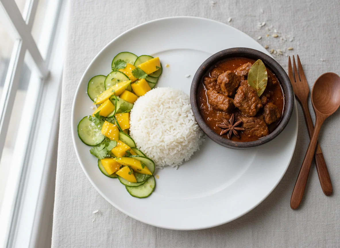 Malagasy Style Meal with Rice, Meat Stew, Mango, and Cucumber Salad photo
