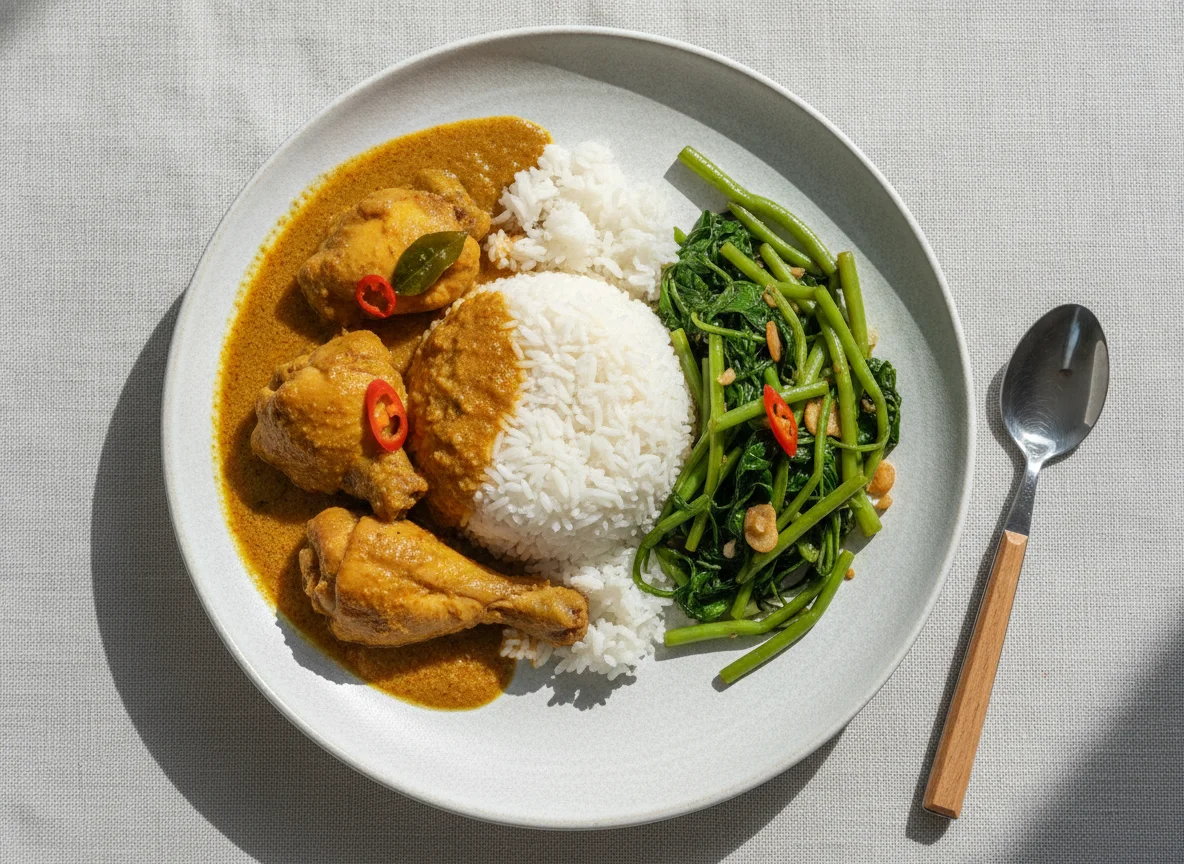 Malaysian Chicken Curry Rice with Stir-fried Greens photo