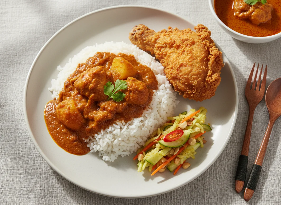 Malaysian Curry Rice with Fried Chicken and Acar photo