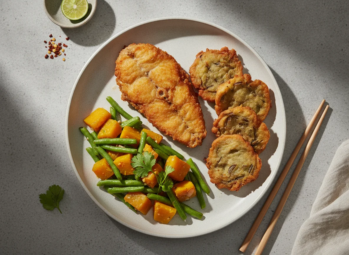 Malaysian Fried Fish and Vegetable Platter photo