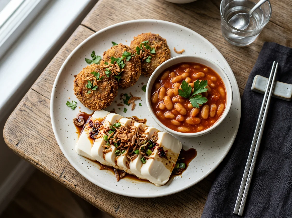 Malaysian Home-style Meal with Tofu, Baked Beans, and Fried Patties photo