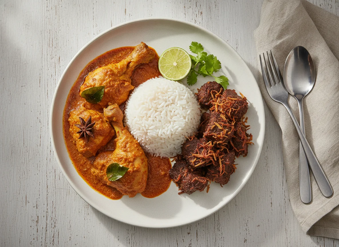 Malaysian Meal with Rice, Chicken Curry, and Rendang photo