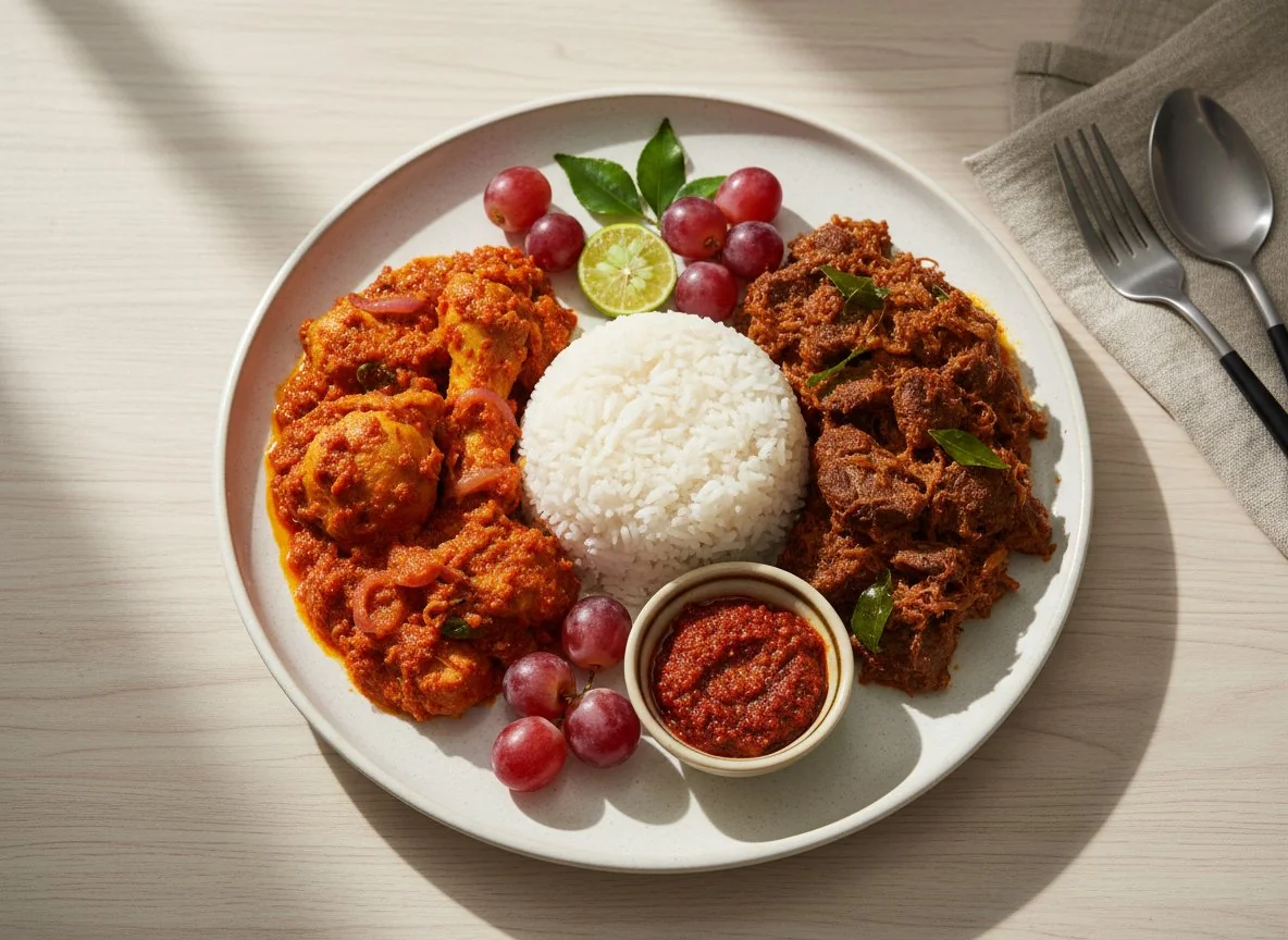 Malaysian Mixed Meal with Rice, Sambal, Chicken Sambal, Beef Rendang, and Grapes photo