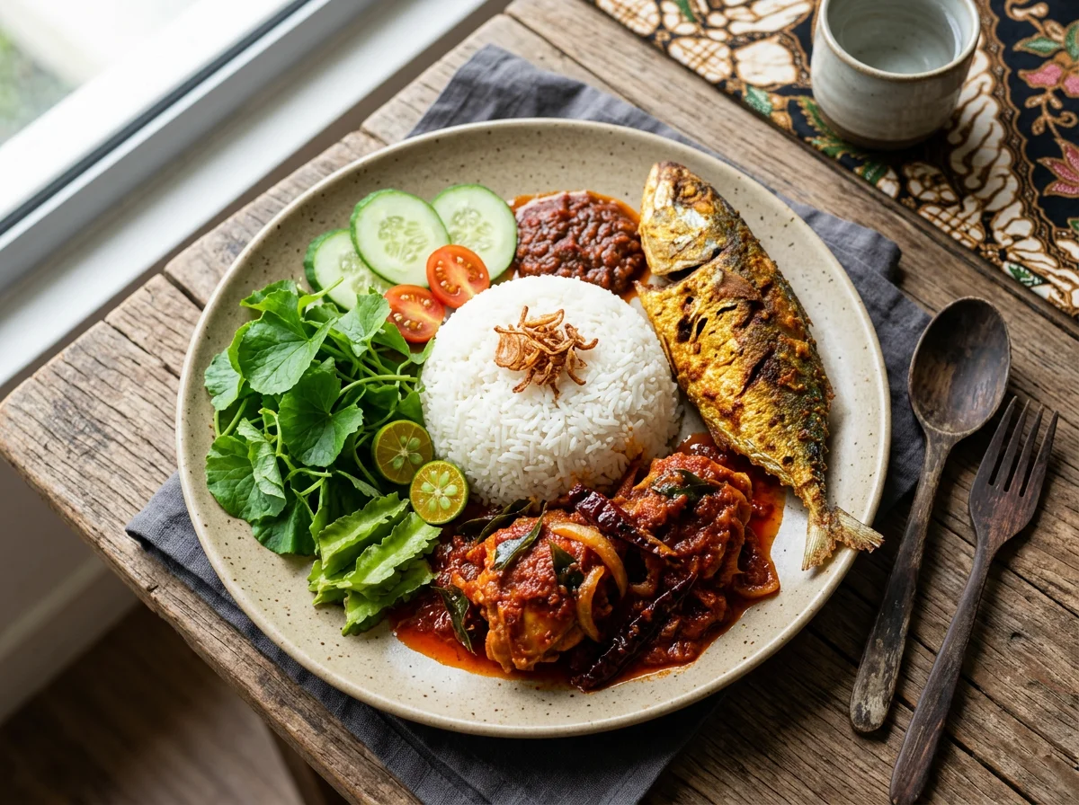 Malaysian Rice Plate with Fried Fish, Sambal Chicken, and Ulam photo