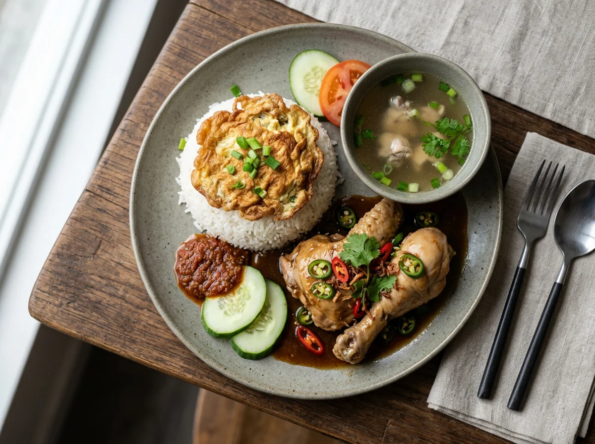 Malaysian style chicken and rice meal with soup photo
