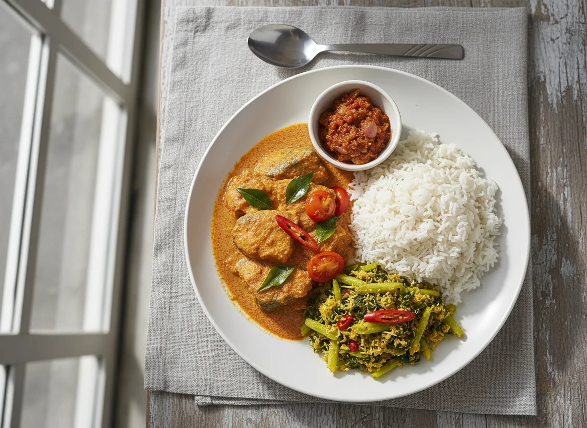 Malaysian style fish curry with rice and stir-fried greens photo