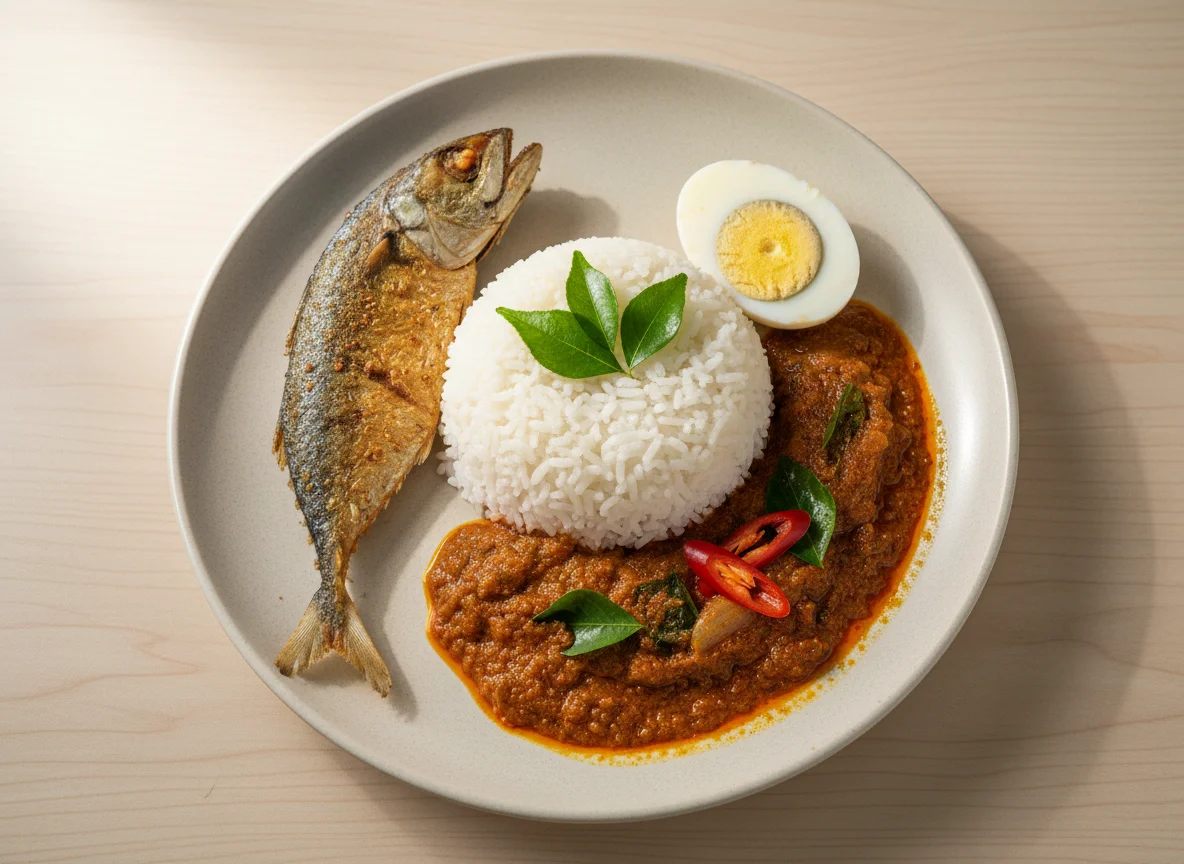 Malaysian style meal with rice, fish, eggs and curry photo