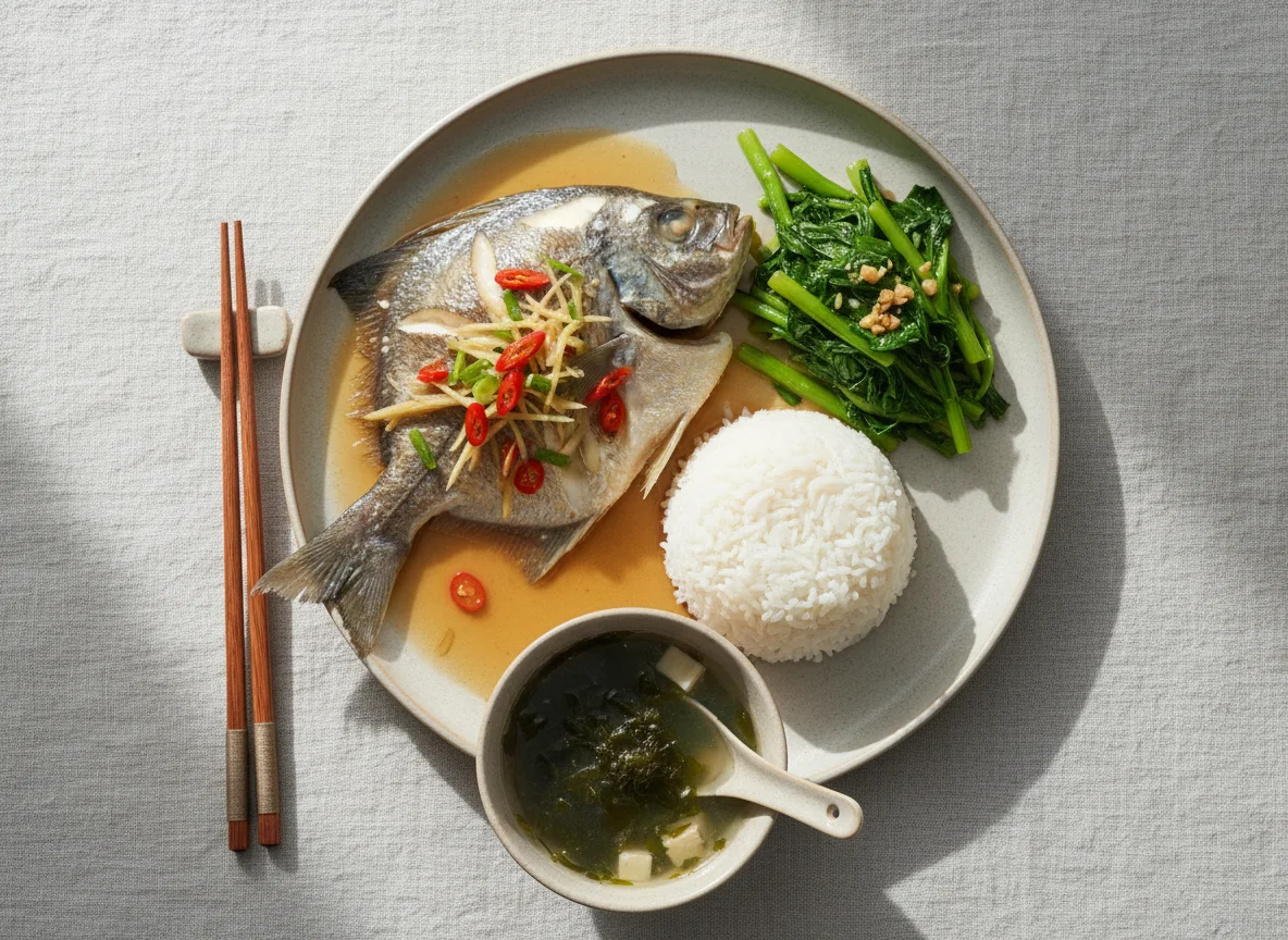 Malaysian Style Steamed Fish with Rice, Vegetables and Soup photo