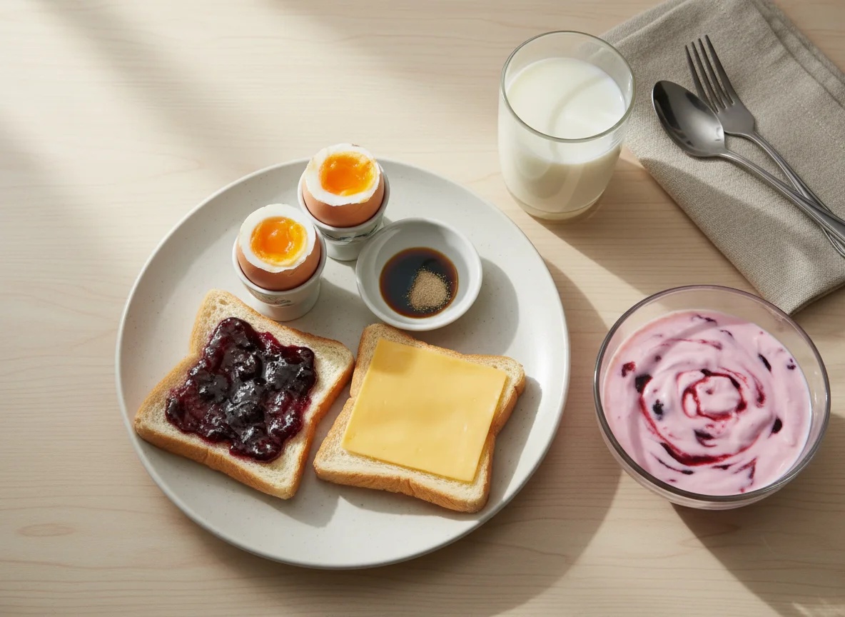Malaysian-style Breakfast with Soft-boiled Eggs, Toast, Yogurt, and Milk photo