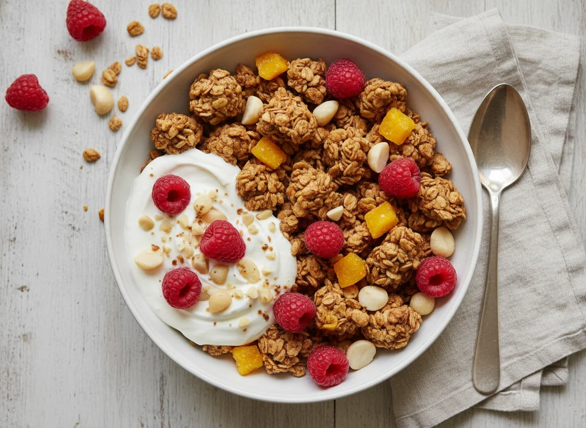Mango and Macadamia Granola with Raspberries photo
