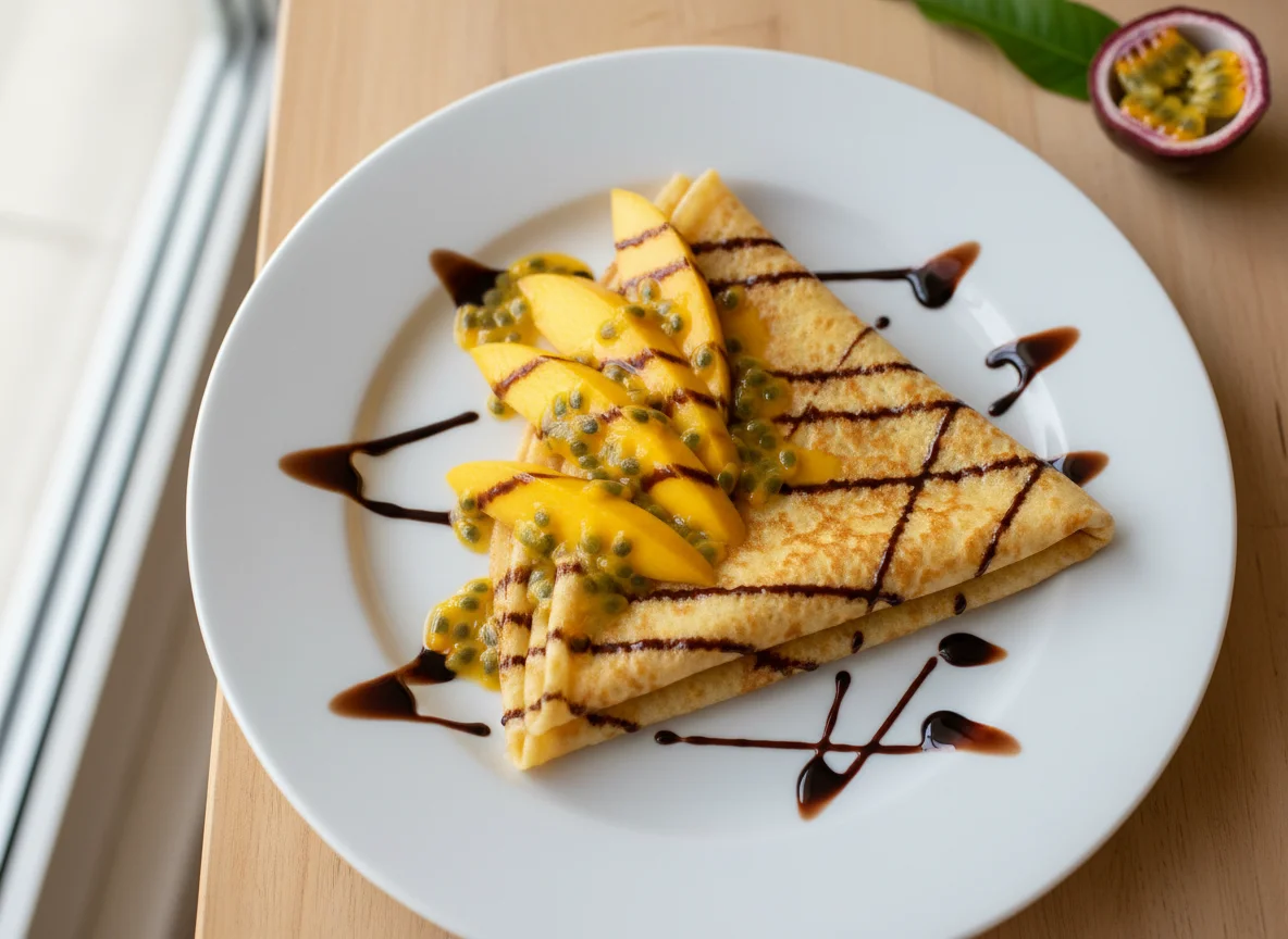 Mango and Passion Fruit Crepe with Chocolate Sauce photo