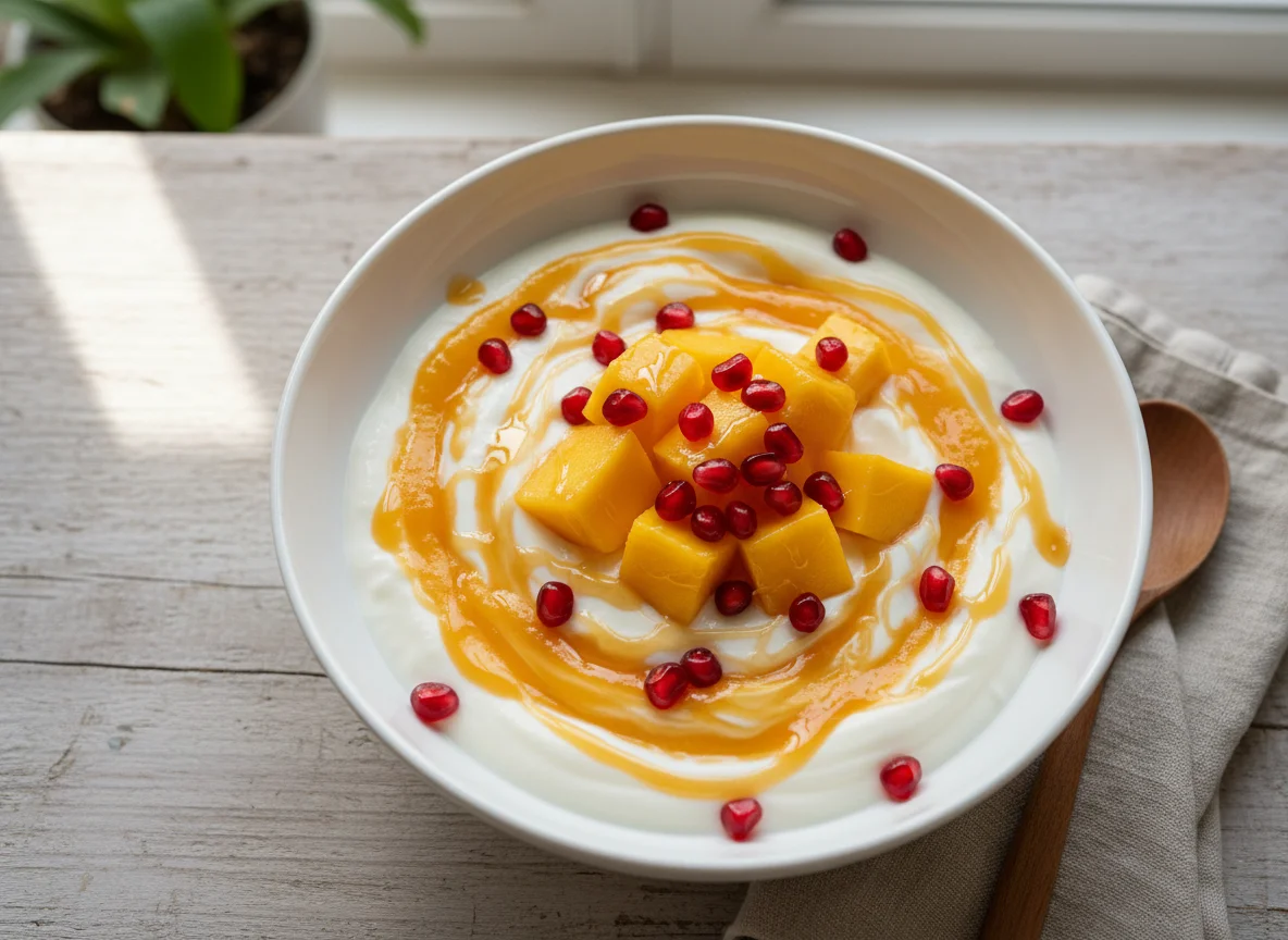 Mango and Yogurt Bowl with Pomegranate and Honey photo