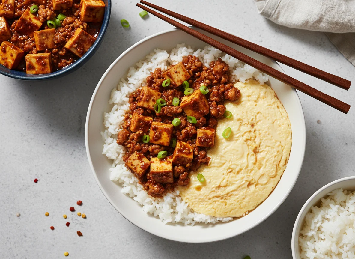 Mapo Tofu with Steamed Egg and Rice photo