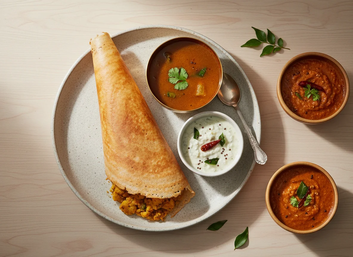 Masala Dosa with Sambar and Chutneys photo
