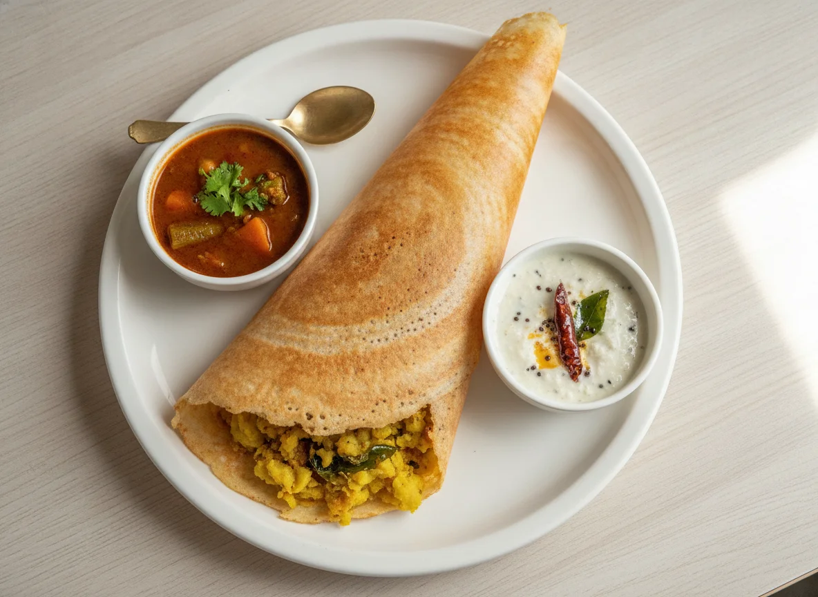 Masala Dosa with Sambar and Coconut Chutney photo
