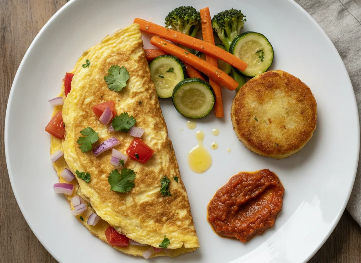 Masala Omelette with Sauteed Vegetables and Chutney photo