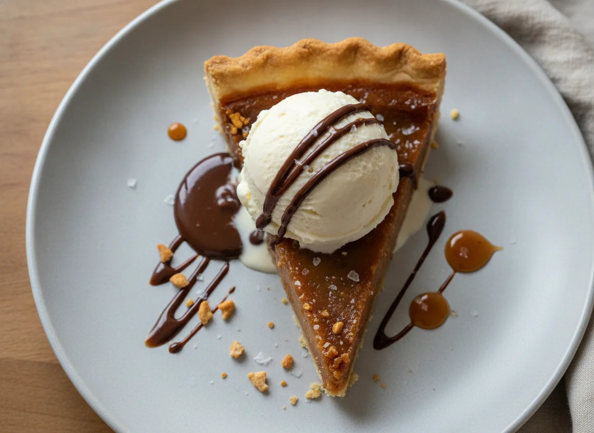 Mascarpone ice cream; salted caramel tart photo