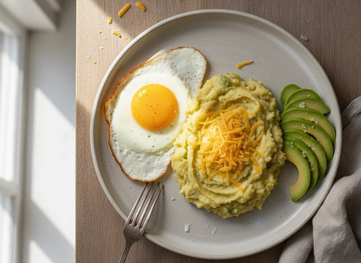 Mashed Plantains with Fried Egg and Avocado photo