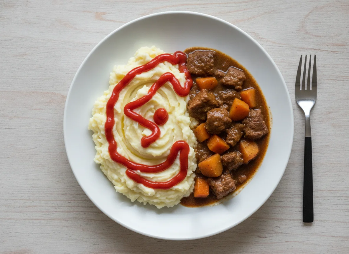 Mashed Potato and Meat Stew with Ketchup photo
