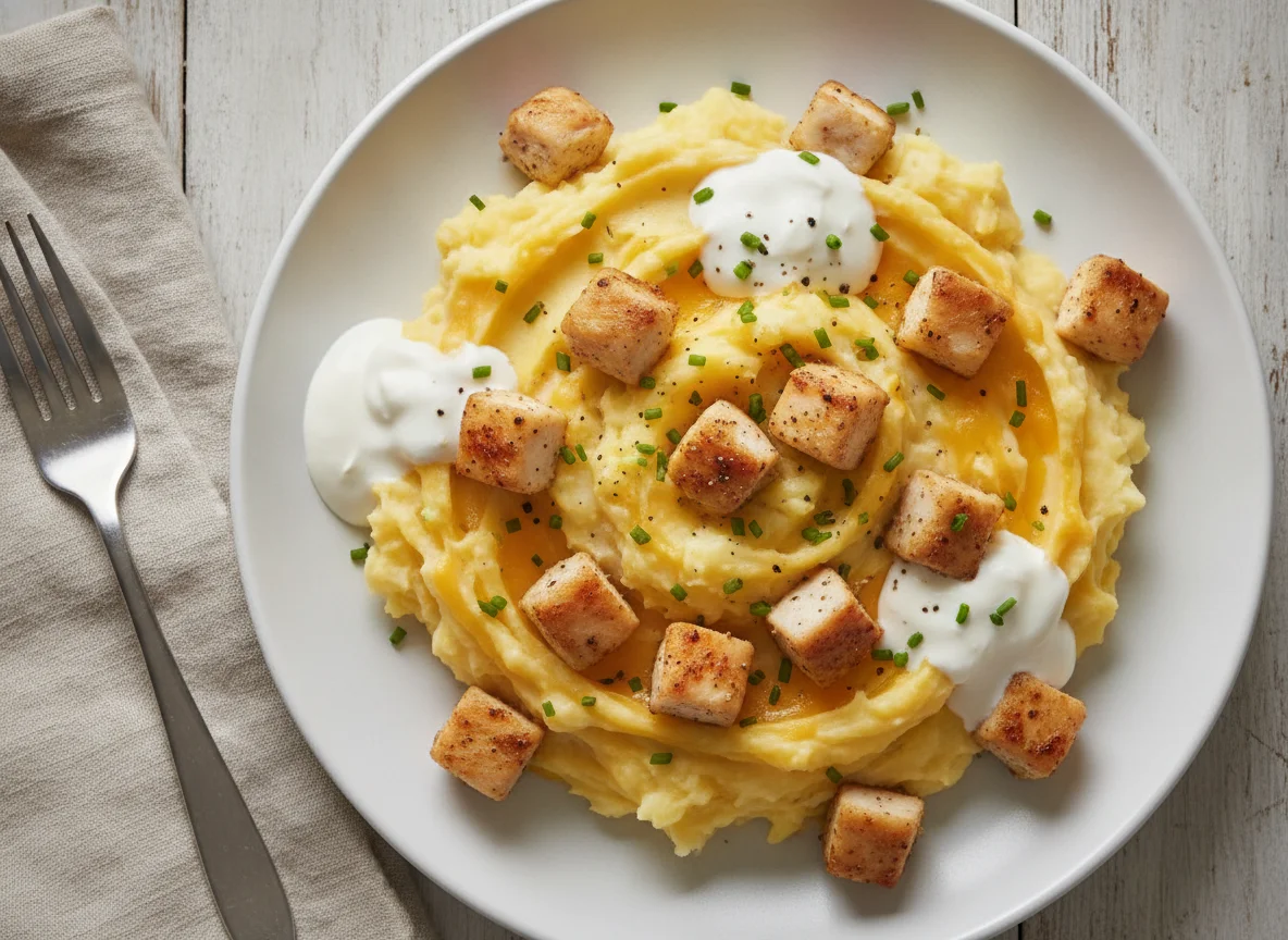Mashed potato with cheese and cream and small chicken photo