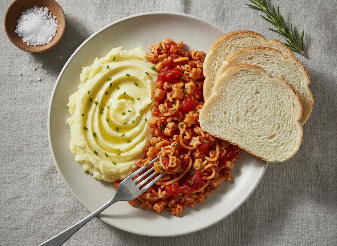 Mashed Potatoes, Spaghetti Shapes and White Bread photo