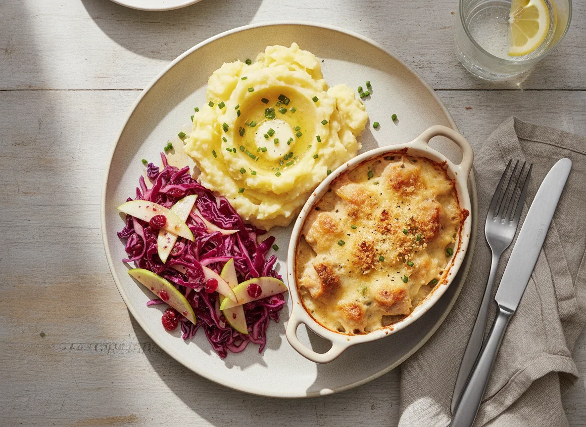 Mashed Potatoes with Baked Dish and Red Cabbage Salad photo