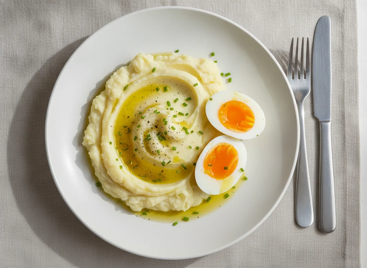 Mashed Potatoes with Boiled Eggs and Olive Oil photo