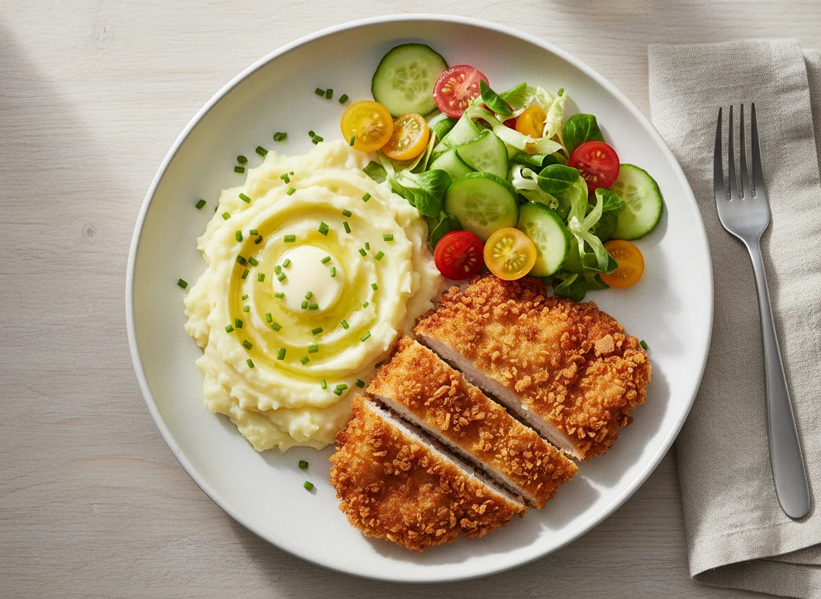 Mashed Potatoes with Fried Chicken and Vegetable Salad photo