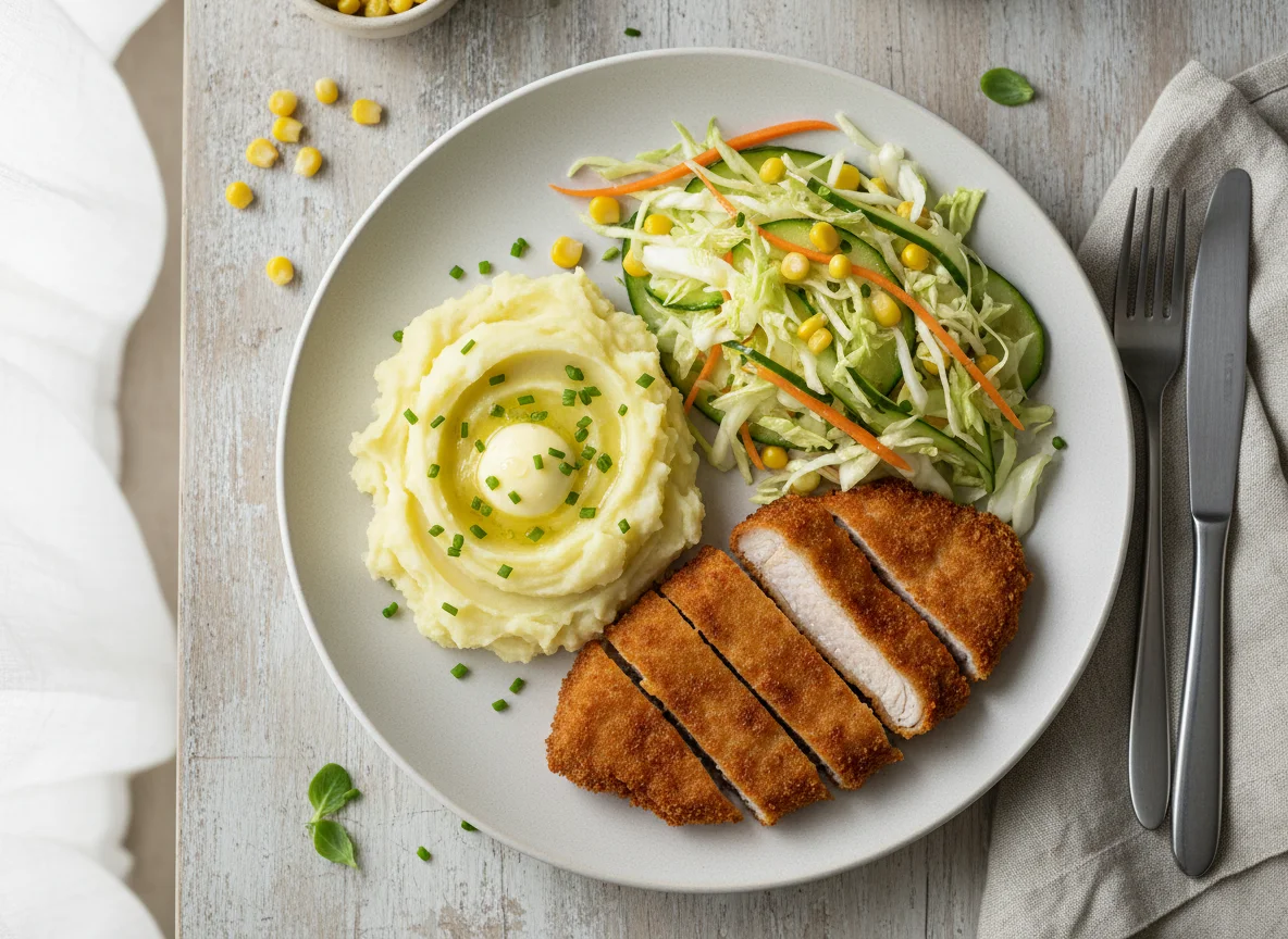 Mashed Potatoes with Fried Cutlet and Cabbage Salad photo