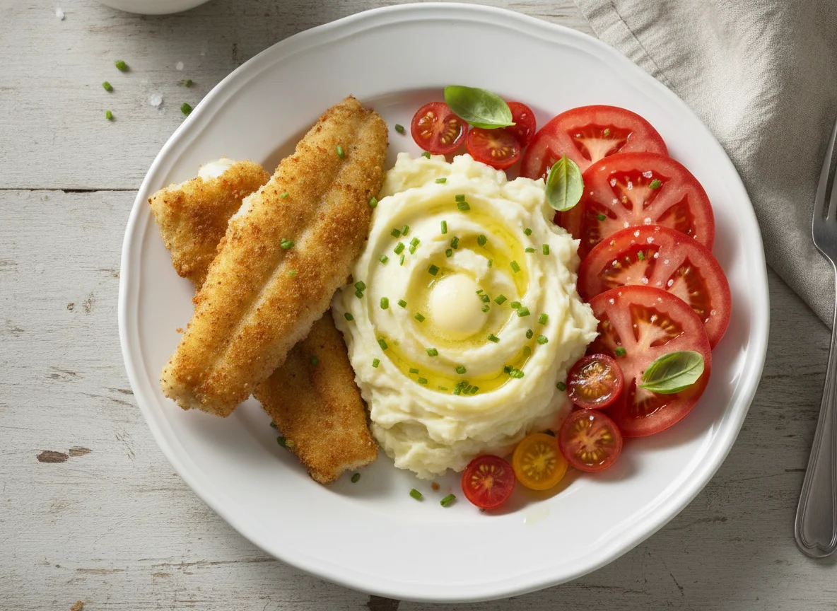 Mashed Potatoes with Fried Fish and Tomatoes photo