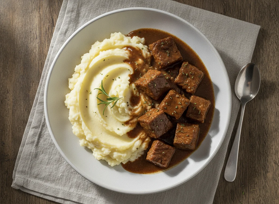 Mashed potatoes with meat stew photo