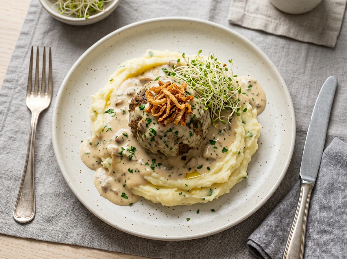 Mashed Potatoes with Meatball and Cream Sauce photo
