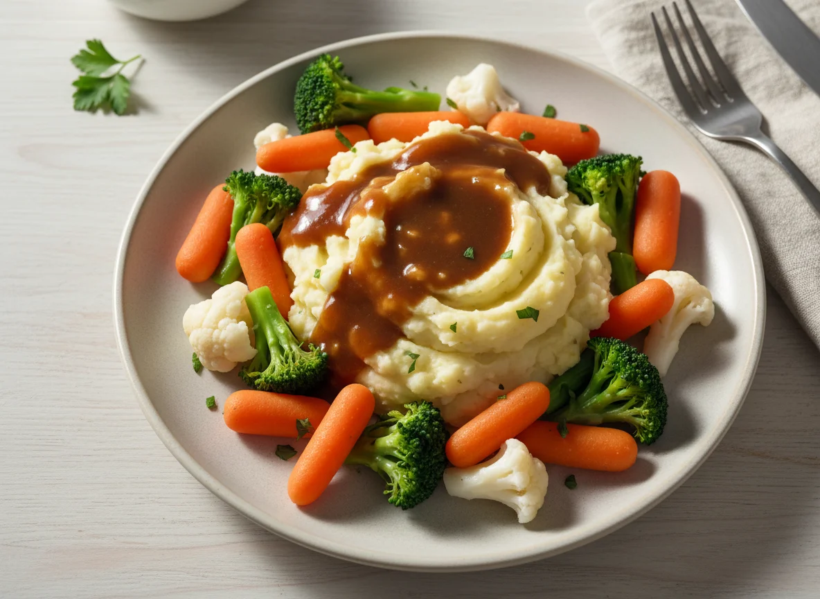 Mashed Potatoes with Mixed Vegetables and Gravy photo