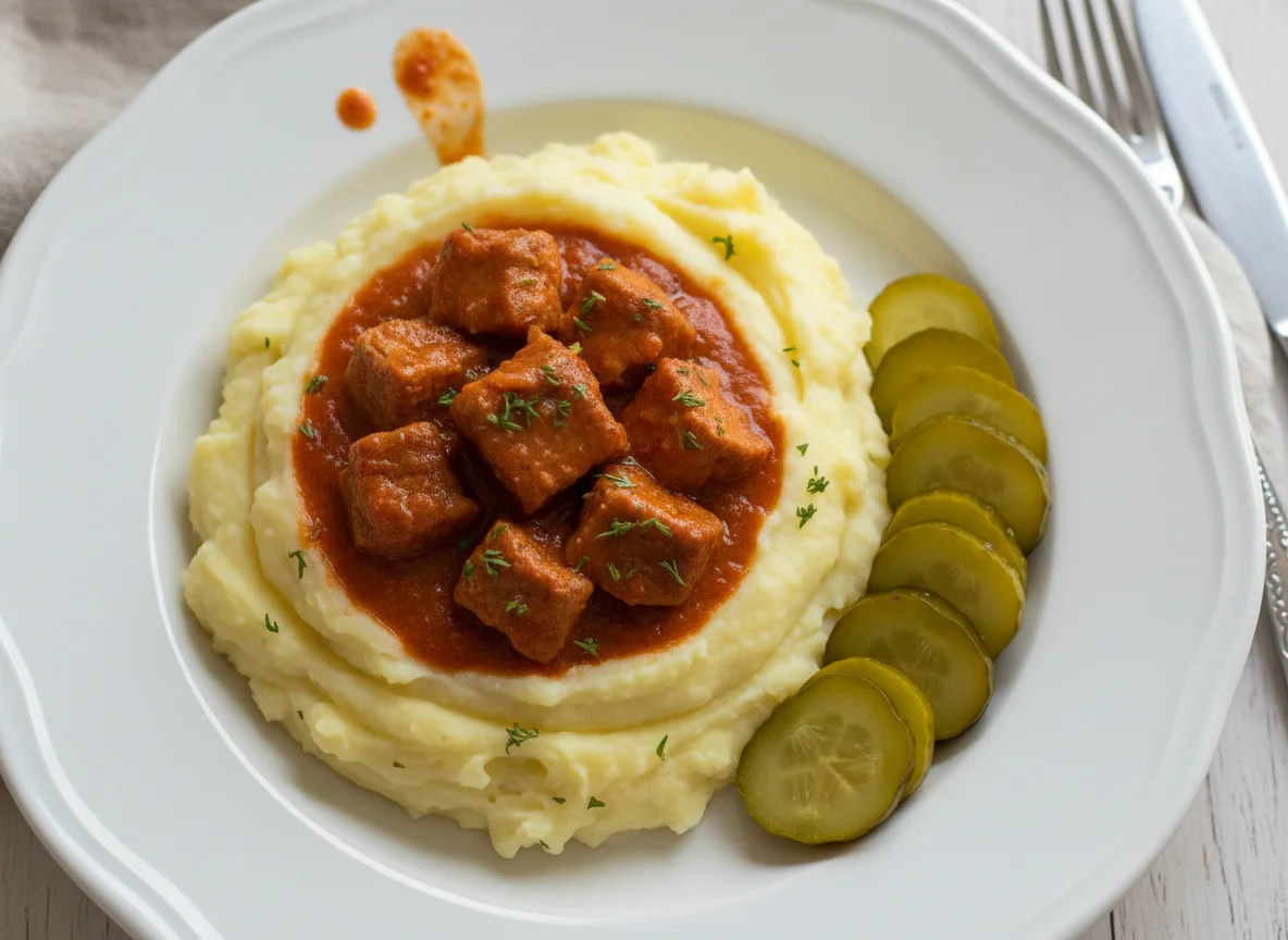 Mashed potatoes with pork stew and pickles photo