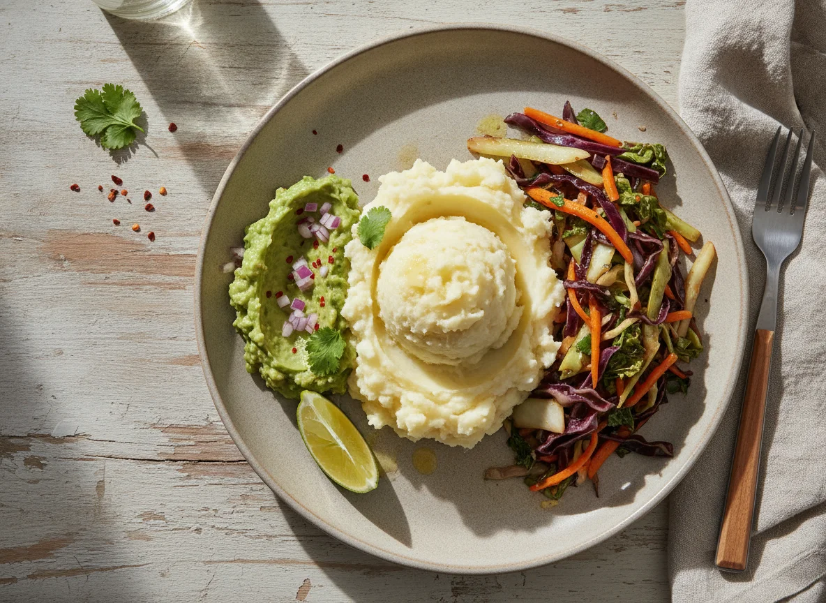 Mashed Potatoes with Sautéed Cabbage and Guacamole photo