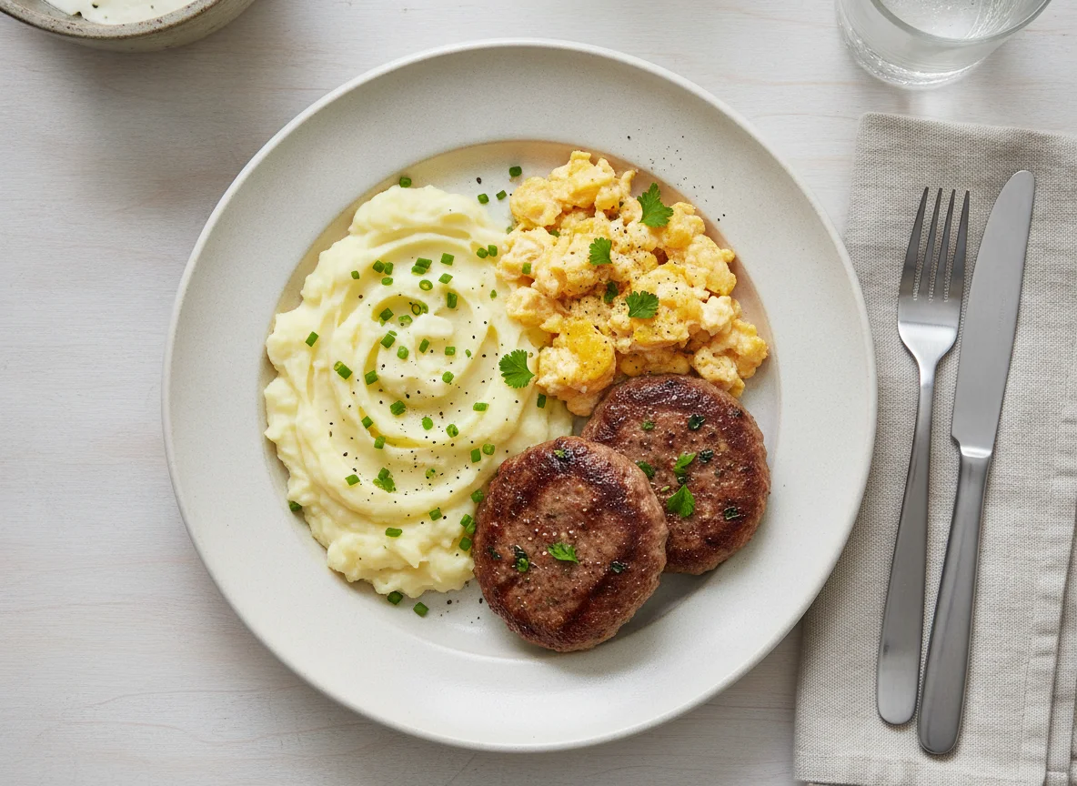 Mashed Potatoes with Scrambled Eggs and Meat Patties photo