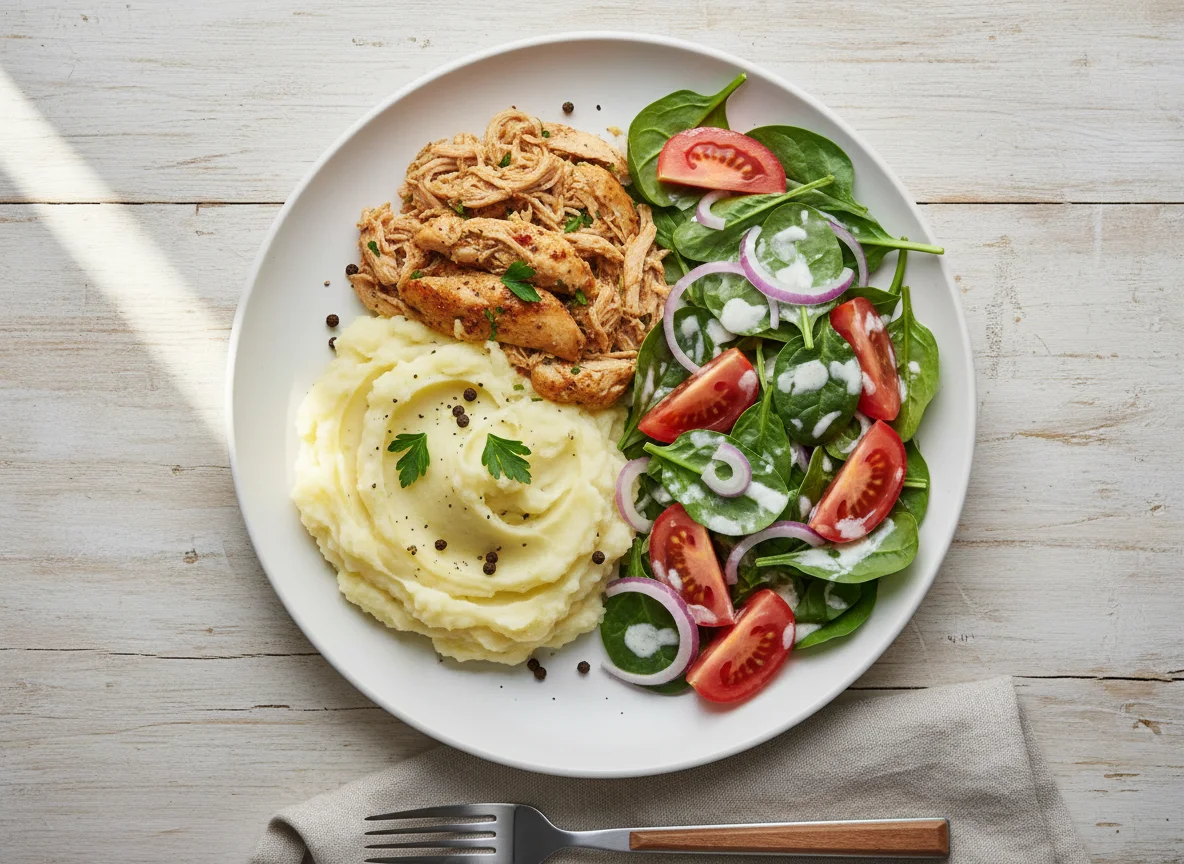 Mashed Potatoes with Shredded Chicken and Creamy Spinach Salad photo